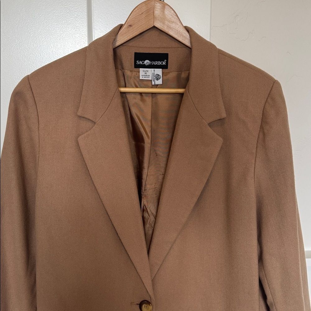 Sag Harbor Vintage Women’s Tan 100% Pure New Virgin Wool Blazer Jacket Size 16 - Picture 4 of 12